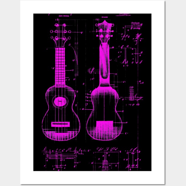 Neon Pink Ukulele Da Vinci Blueprint Wall Art by Trip Tank